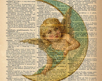 Dictionary Art Print - Crescent Moon with Vintage Angel Print - Upcycled Vintage Dictionary Page Poster Print - Size 8x10