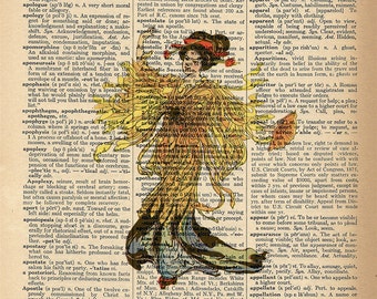 Dictionary Art Print - Flower Girl with Fan - Upcycled Vintage Dictionary Page Poster Print - Size 8x10