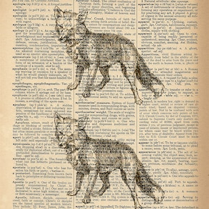 Dictionary Art Print - Fox Pair - Upcycled Vintage Dictionary Page Poster Print - Size 8x10