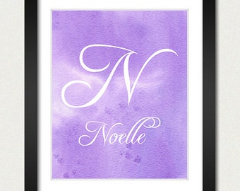 Personalized Name Poster - Alphabet Nursery Print - Choose Font & Color - Childrens Room / Baby Gift Boy / Girl - Blue or Purple Watercolor