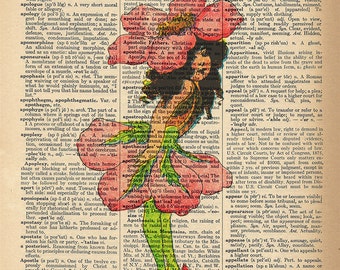 Dictionary Art Print - Flower Fairy with Pink Petals - Upcycled Vintage Dictionary Page Poster Print - Size 8x10