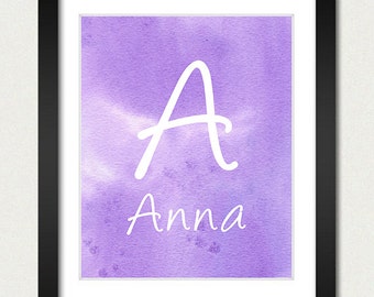 Personalized Name Poster - Alphabet Nursery Print - Choose Font & Color - Childrens Room / Baby Gift Boy / Girl - Blue or Purple Watercolor