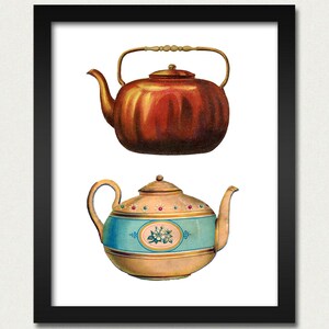 May include: Two teapots, one copper and one ceramic with blue and gold accents. The ceramic teapot has a floral design.