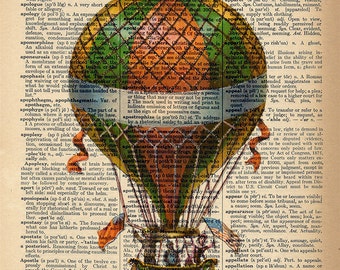 Dictionary Art Print - Hot Air Balloon - Upcycled Vintage Dictionary Page Poster Print - Size 8x10