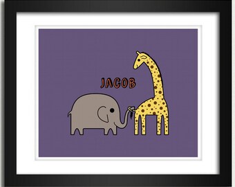 Personalized Name - Playful Elephant and  Giraffe - 8x10 Art Print or 13x19 Poster - Nursery Wall Hanging Customized Boys Room or Girls Room