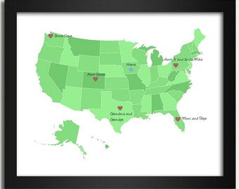 United States Map / Personalized Map in Green - Family Is Where the Heart Is - 8x10 Art Print