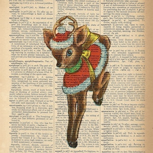Dictionary Art Print - Christmas Reindeer -  Upcycled Vintage Dictionary Page Poster Print - Size 8x10