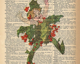 Dictionary Art Print - Holly Berry Dancer - Upcycled Vintage Dictionary Page Poster Print - Size 8x10