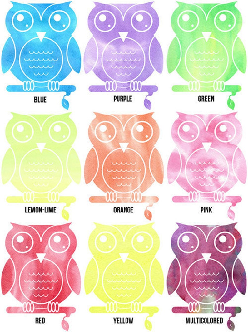 Pu&ograve; includere: Nove illustrazioni di gufi ad acquerello in diversi colori, tra cui blu, viola, verde, lime, arancione, rosa, rosso, giallo e multicolore. Ogni gufo &egrave; appollaiato su un ramo con una foglia.