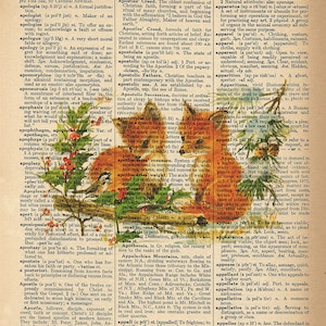 Dictionary Art Print - Cute Fox Pair - Upcycled Vintage Dictionary Page Poster Print - Size 8x10
