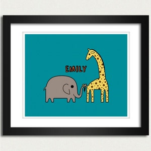 Personalized Nursery Print / Nursery Poster / Personalized Name - Playful Elephant and  Giraffe - 8x10 Art Print