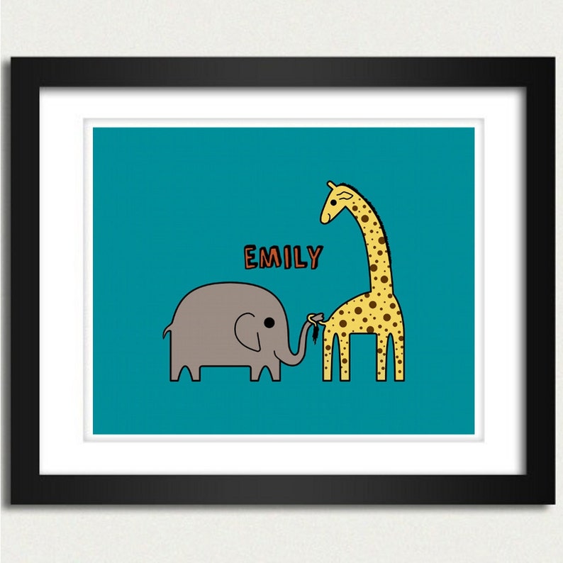 Personalized Nursery Print / Nursery Poster / Personalized Name Playful Elephant and Giraffe 8x10 Art Print image 1