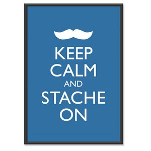 May include: A blue poster with a white mustache and the text "Keep Calm and Stache On."