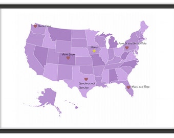 Personalized Map / Custom Map / Map Poster in Purple - Family Is Where the Heart Is - 13x19 Art Print