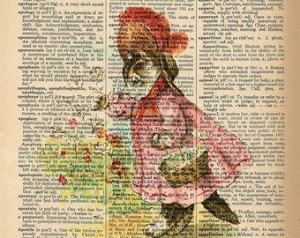 Dictionary Art Print - Flower Cat - Upcycled Vintage Dictionary Page Poster Print - Size 8x10