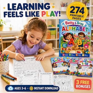 Puede incluir: Un conjunto de actividades educativas digitales titulado Betty & Bray Alphabet con 274 páginas imprimibles para edades de 3 a 6 años. Incluye hojas para trazar letras, emparejar formas, acertijos lógicos y números del 1 al 10, más tres hojas de bonificación.