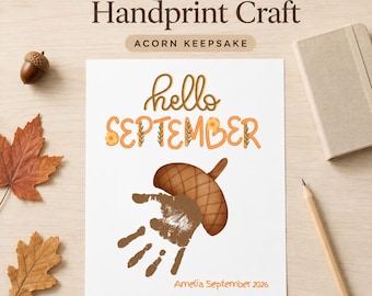 Manualidad de huellas de manos de septiembre, lámina imprimible de arte de bellotas con huellas de manos, manualidad de otoño para preescolares, actividad para guarderías, recuerdo de otoño para niños