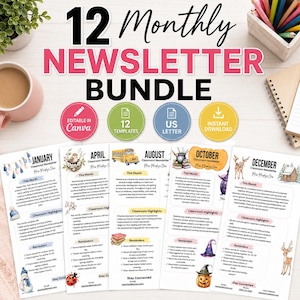 Editable Classroom Newsletter Bundle | 12 Monthly Canva Newsletter Templates | Teacher Parent Newsletter | US Letter Printable
