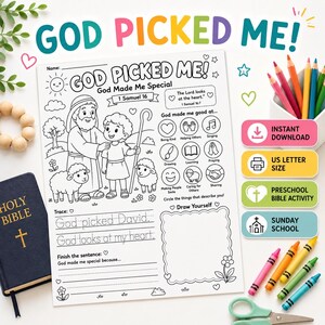 Actividad bíblica "Dios me eligió" / Página para colorear de David / Hoja de trabajo de 1 Samuel 16 / Material imprimible para la escuela dominical / PDF cristiano para preescolares