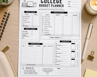 May include: A white paper college budget planner sheet with black text and line graphics. The layout includes sections for monthly income, expenses, a spending tracker, and savings goals with jar illustrations. It features a header with the text College Budget Planner and a section for budgeting tips.