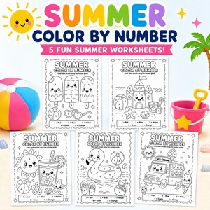 Summer Color By Number Pages for Kids, Printable Preschool Activity Bundle, Beach Summer Worksheets, Classroom Coloring Fun