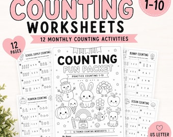 Puede incluir: Un conjunto de 12 hojas de trabajo de conteo preescolar con los números 1-10. La portada muestra el texto Counting Fun Packet con ilustraciones en blanco y negro de un muñeco de nieve, conejo, pavo, calabaza, arcoíris y crayones.