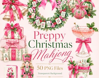 Christmas Mahjong Clipart Bundle, 50 Preppy Mahjong PNGs, Pink Christmas Watercolor Clip Art, Transparent PNG, Commercial Use