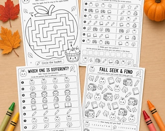Fichas de trabajo de pensamiento crítico para preescolar (otoño) / Laberinto de manzanas, Buscar y encontrar, Práctica de patrones, ¿Cuál es diferente? / PDF de septiembre