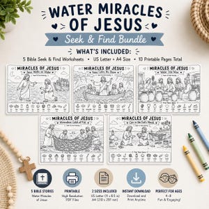 Water Miracles of Jesus Seek & Find Bundle | Christian Printable Activity Pack | Sunday School Games | Bible Hidden Pictures | VBS Worksheet