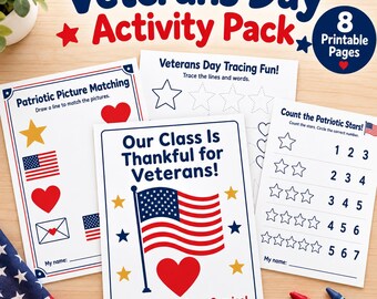 Puede incluir: Un paquete de actividades para el Veterans Day con 8 páginas imprimibles de temática patriótica. Las hojas incluyen ejercicios como Patriotic Picture Matching, Veterans Day Tracing Fun y Count the Patriotic Stars, decoradas con banderas y corazones.