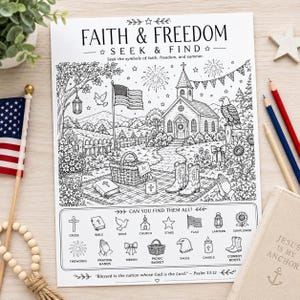 Fe y libertad: Busca y encuentra (Imprimible) / Actividad cristiana patriótica para niños / Hoja de trabajo para la Escuela Bíblica de Vacaciones y la Escuela Dominical