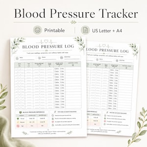 May include: A printable blood pressure log template in US Letter and A4 sizes. The document features a header with a heart and pulse line, columns for date, time, blood pressure, pulse, medication status, and notes, plus a reference chart.