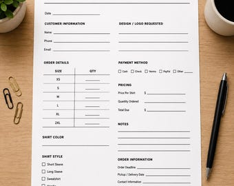 T-Shirt Order Form Printable PDF | Shirt Order Sheet Template | Custom Shirt Order Tracker | Fundraiser Order Form | Team Shirt Organizer
