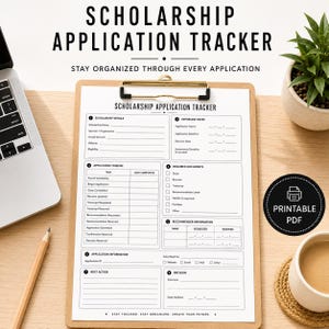 May include: A white paper scholarship application tracker form with black text, held on a brown clipboard with a gold metal clip. The form includes sections for scholarship details, important dates, application timeline, required documents, and recommender information.