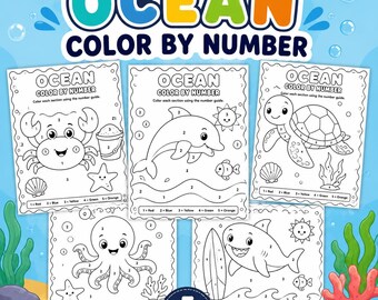 Ozean Malen Nach Zahlen Set für Kinder zum Ausdrucken, Unter dem Meer Vorschule Arbeitsblätter, Sommer Homeschool Aktivitäten PDF