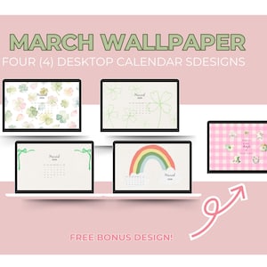 以下が含まれることがあります： 3 月のデスクトップカレンダーデザイン。花柄、虹、ギンガムチェック柄の4つのユニークな壁紙が特徴です。デザインは黒い画面のラップトップに表示され、ボーナスデザインも提供されます。背景はソフトピンクです。