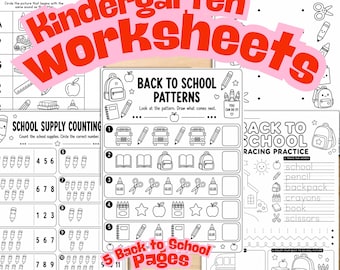 Back to School Vorschul-Arbeitsblätter | Kindergarten Bereitschaft Aktivitäten | Anfangslaut, Zählen, Verfolgen, Zuordnen und Muster