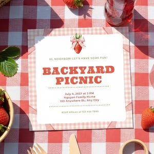 近所のピクニック招待状テンプレート • スクエアブロックパーティー招待状 • 編集可能な夏のバーベキューチラシ • コミュニティクックアウトデジタルダウンロード