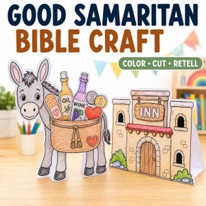 Può includere: Un set di lavoretti in carta con un asino grigio con una bisaccia contenente una benda, olio, vino e monete, accanto a un edificio locanda color marrone chiaro con un'insegna con scritto INN. Il testo GOOD SAMARITAN BIBLE CRAFT e COLOR CUT RETELL è visibile.
