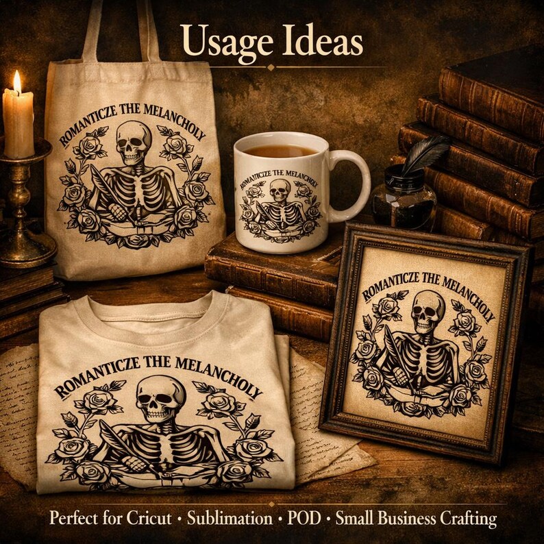 Puede incluir: Varios art&iacute;culos con un dise&ntilde;o de esqueleto y el texto "Romanticize the Melancholy". La imagen muestra un bolso de mano, una taza, una camiseta y una impresi&oacute;n enmarcada. El dise&ntilde;o incorpora rosas y una pluma.