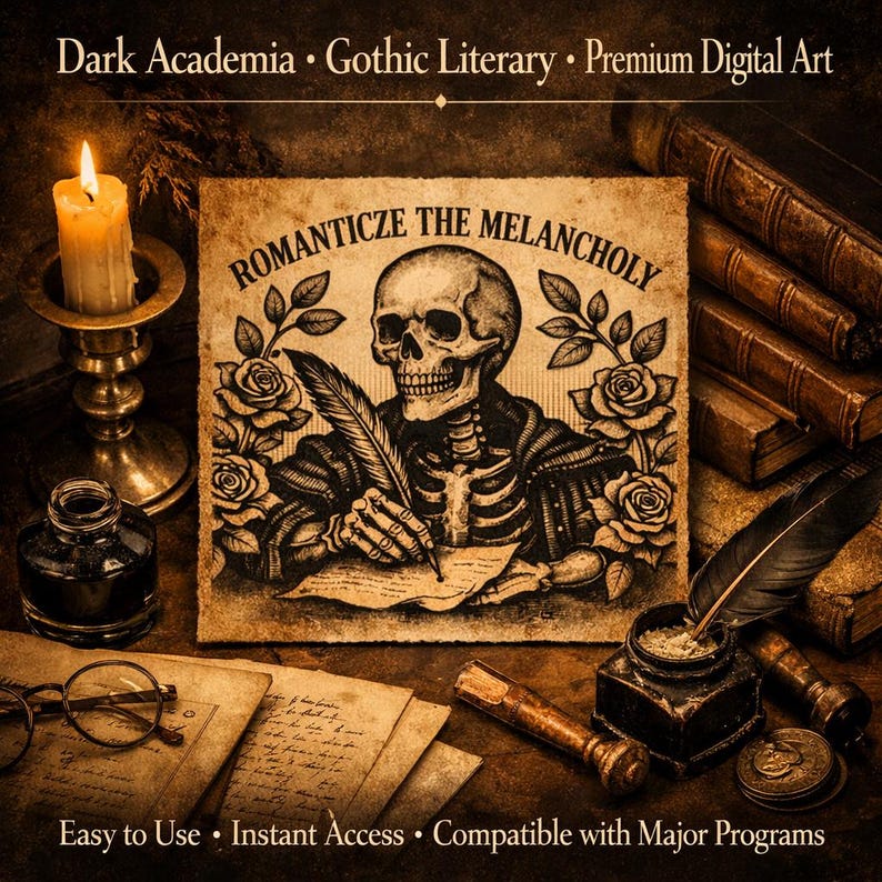Puede incluir: Ilustraci&oacute;n de estilo vintage de un esqueleto escribiendo con una pluma, rodeado de rosas, tinta y libros. El texto "ROMANTICIZE THE MELANCHOLY" es visible. El tema es Dark Academia y Literatura G&oacute;tica.