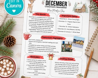 Dezember Klassenzimmer Newsletter Vorlage | Bearbeitbarer Canva Lehrer Newsletter | Elternbrief Winter | Rundbrief für die Grundschule