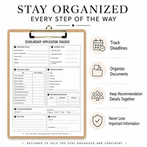 May include: A scholarship application tracker form on a wooden clipboard with a gold clip. The form includes sections for scholarship details, important dates, application timeline, required documents, recommender information, and decision outcomes.