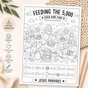Könnte beinhalten: Eine schwarz-weiße, ausdruckbare Malvorlage mit dem Titel Feeding the 5,000 Seek and Find. Die Illustration zeigt eine zentrale Figur, umgeben von Menschen mit Körben voller Brot und Fisch, Wolken und Vögeln. Eine Checkliste am unteren Rand enthält Symbole für Brot, Fisch, Korb, Herz, Stern, Wolke, Vogel, Wasserkrug, Sandalen und Blatt.