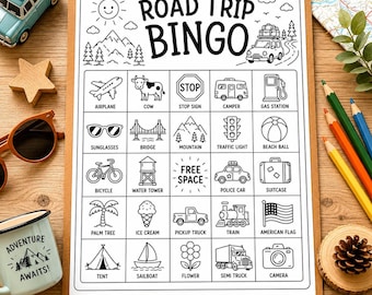 Afdrukbare roadtripbingo voor kinderen | Reisbingospel pdf | Schermvrije autoritactiviteit