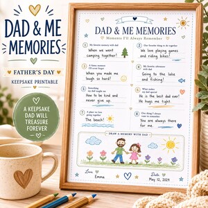 Pode incluir: Impressão emoldurada do Dia dos Pais intitulada "Dad & Me Memories". A arte apresenta memórias manuscritas, desenhos e o texto "A keepsake Dad will treasure forever". Inclui uma caneca, lápis e uma moldura de madeira.