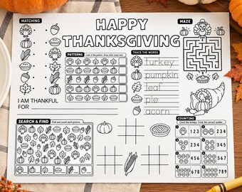 Thanksgiving Activity Page for Kids, Printable Thanksgiving Placemat, Kids Thanksgiving Worksheet, Search and Find Maze Tracing Games