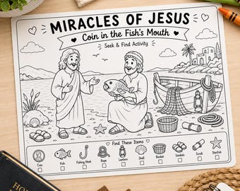 Münze im Fischmaul Seek & Find Printable | Bibelaktivität für Kinder | Christliche Arbeitsblätter zum Ausmalen | Sonntagsschule PDF