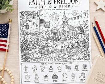 Glaube & Freiheit suchen und finden Printable | Vaterländische christliche Kinderaktivität | VBS und Sonntagsschul Arbeitsblatt