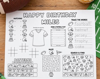 Personalized Football Birthday Activity Page, Kids Football Party Printable, Birthday Activity Placemat, Custom Name Kids Games